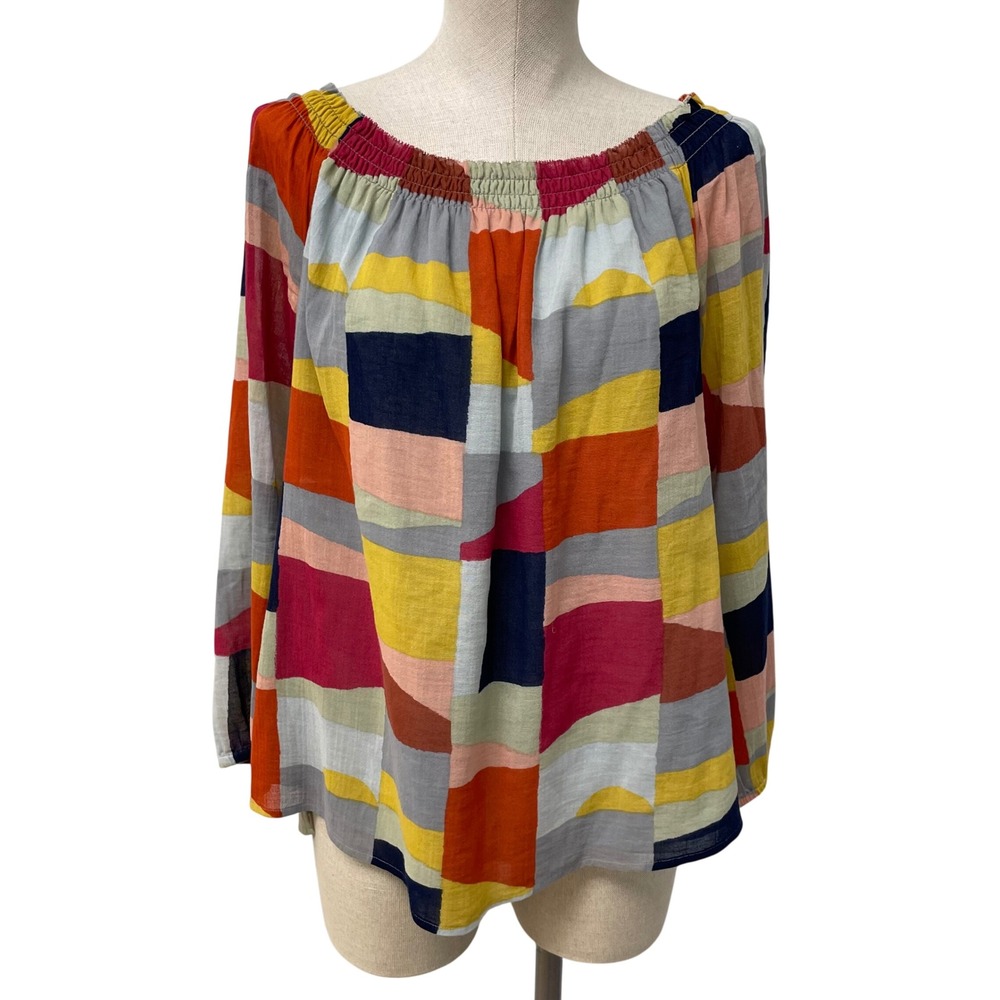 Tory Burch Blouse Womens Medium Multicolor Geometric Off Shoulder Silk Blend